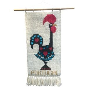 Vintage Portugal Rooster Textile Wall Hanging Folk Art